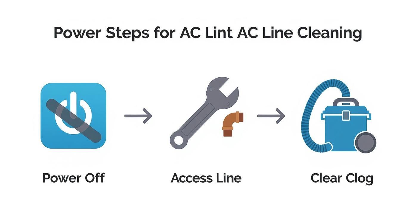 A three-step infographic illustrating AC lint AC line cleaning: Power Off, Access Line, and Clear Clog.