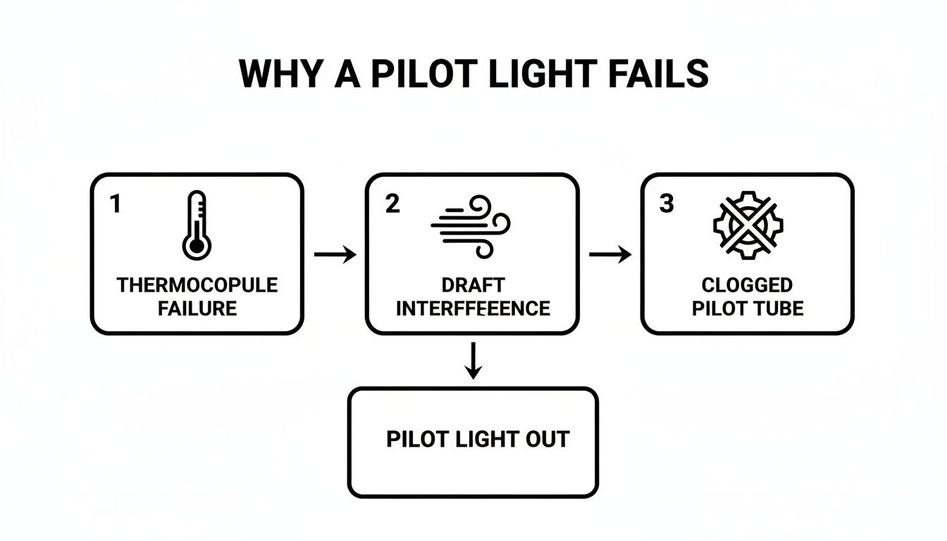 Diagram illustrating three common reasons why a pilot light fails: thermocouple failure, draft interference, and clogged pilot tube.