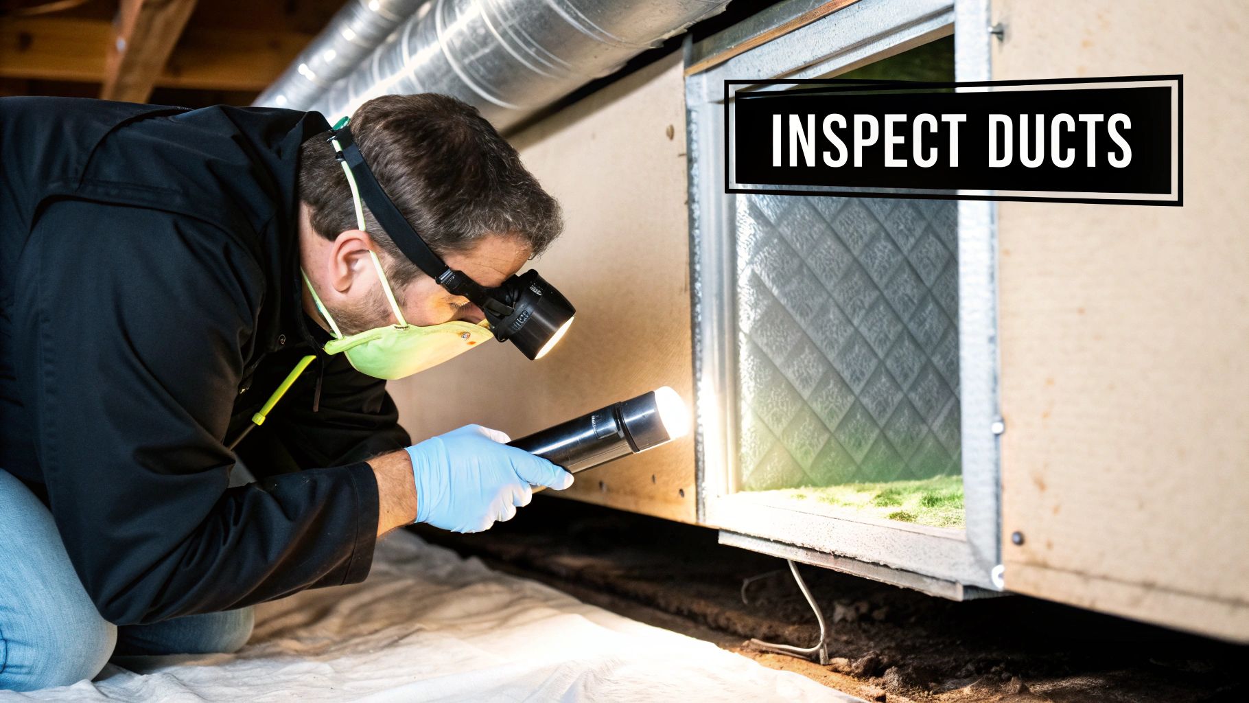 man inspecting air ducts