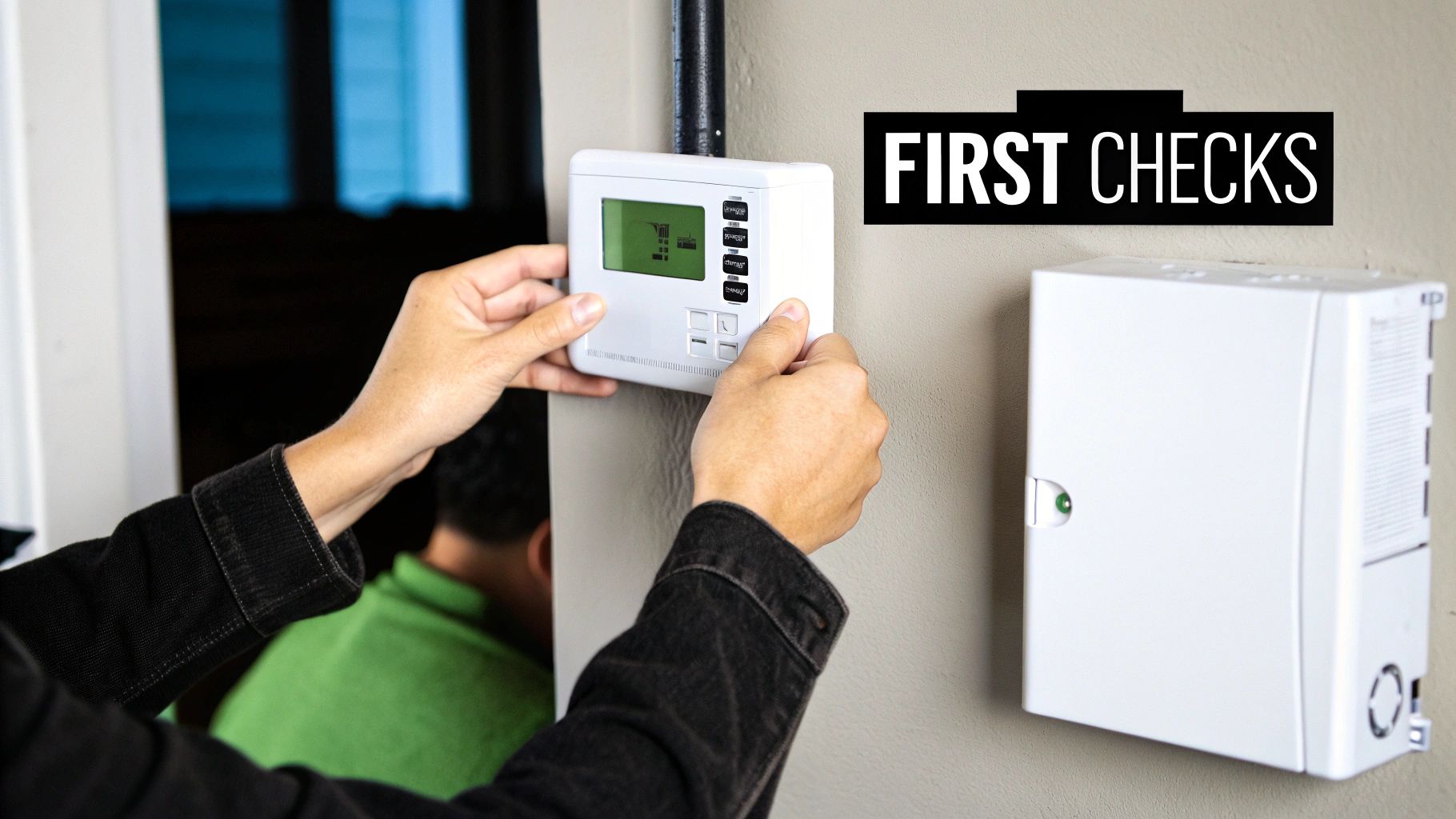 Hands adjusting a white digital thermostat on a wall, next to an electrical box.