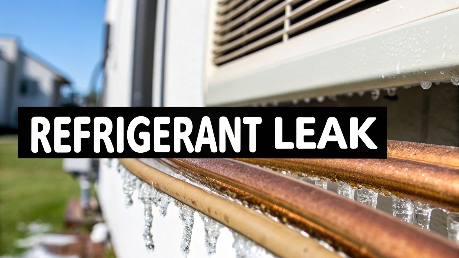 An outdoor air conditioning unit with frozen copper pipes and icicles, clearly showing a refrigerant leak.