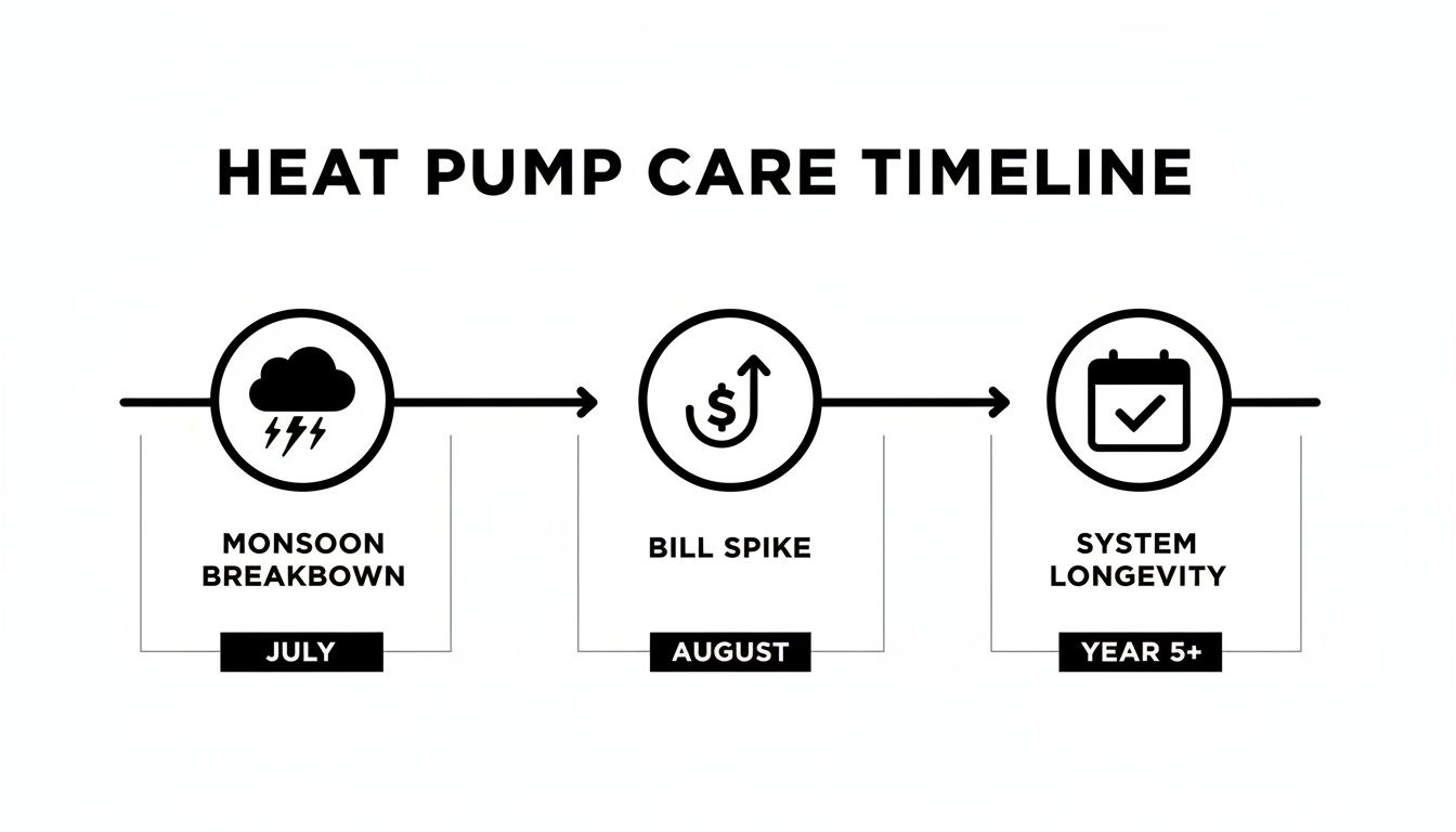 A timeline illustrating heat pump care, showing monsoon breakdown in July, bill spike in August, and system longevity from year 5+.