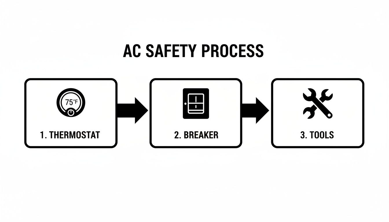 A flowchart outlining the AC safety process: 1. Thermostat, 2. Breaker, 3. Tools.