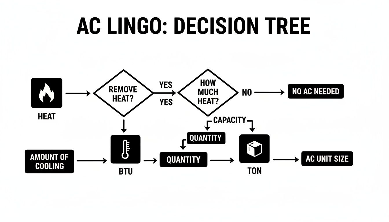 A decision tree flowchart for AC lingo, explaining how to determine AC unit size based on heat removal and cooling capacity.