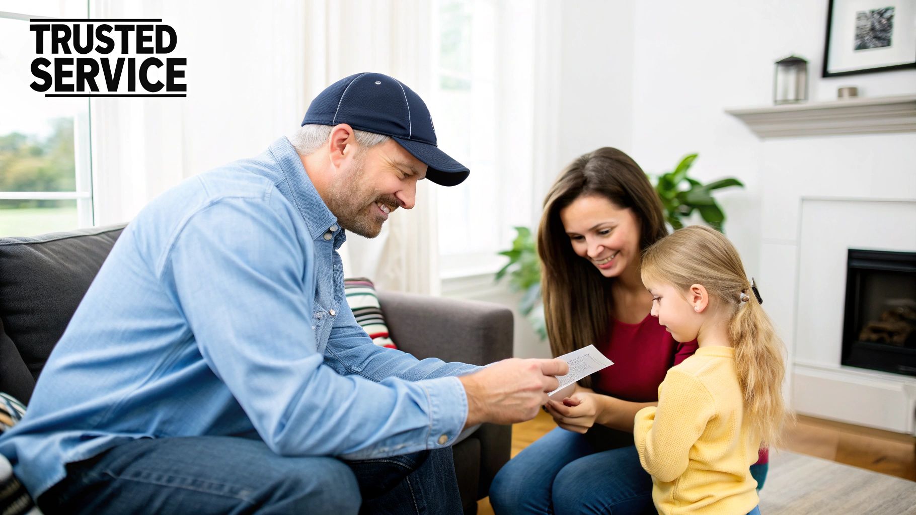 A smiling technician in a blue cap shows documents to a woman and child in a living room.