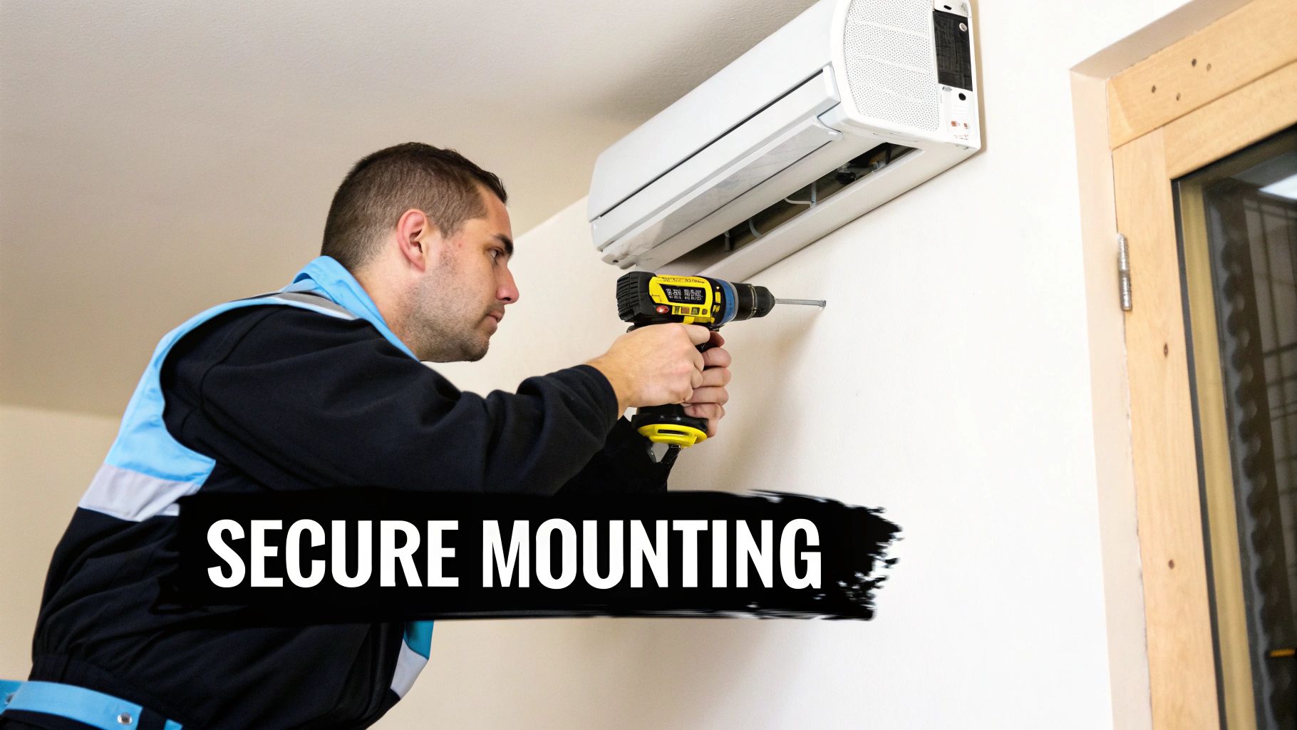 A technician uses a drill to secure mount a white split air conditioning unit on a wall.
