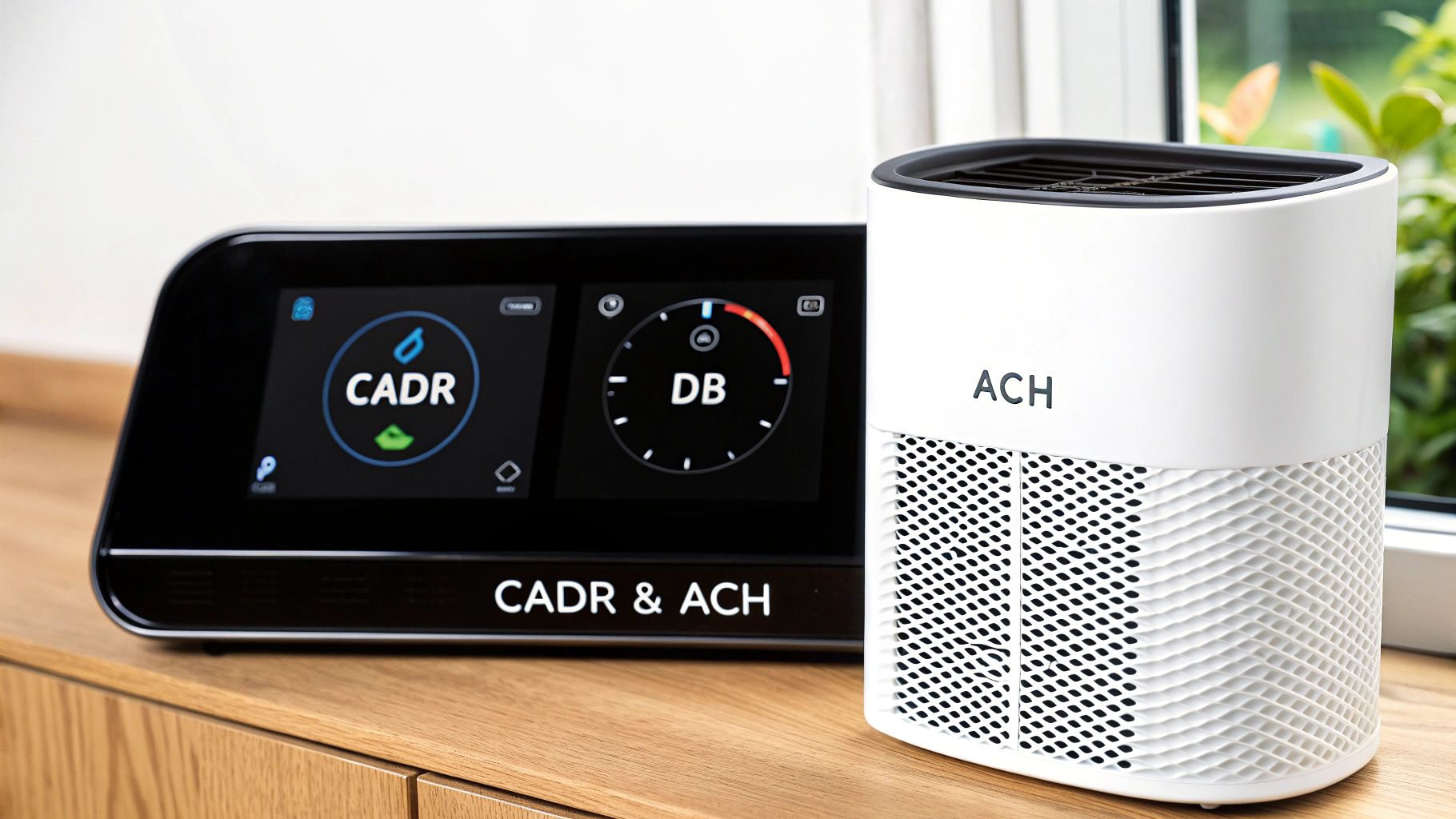 Air quality devices: a white air purifier and a display showing CADR and DB readings on a wooden surface.