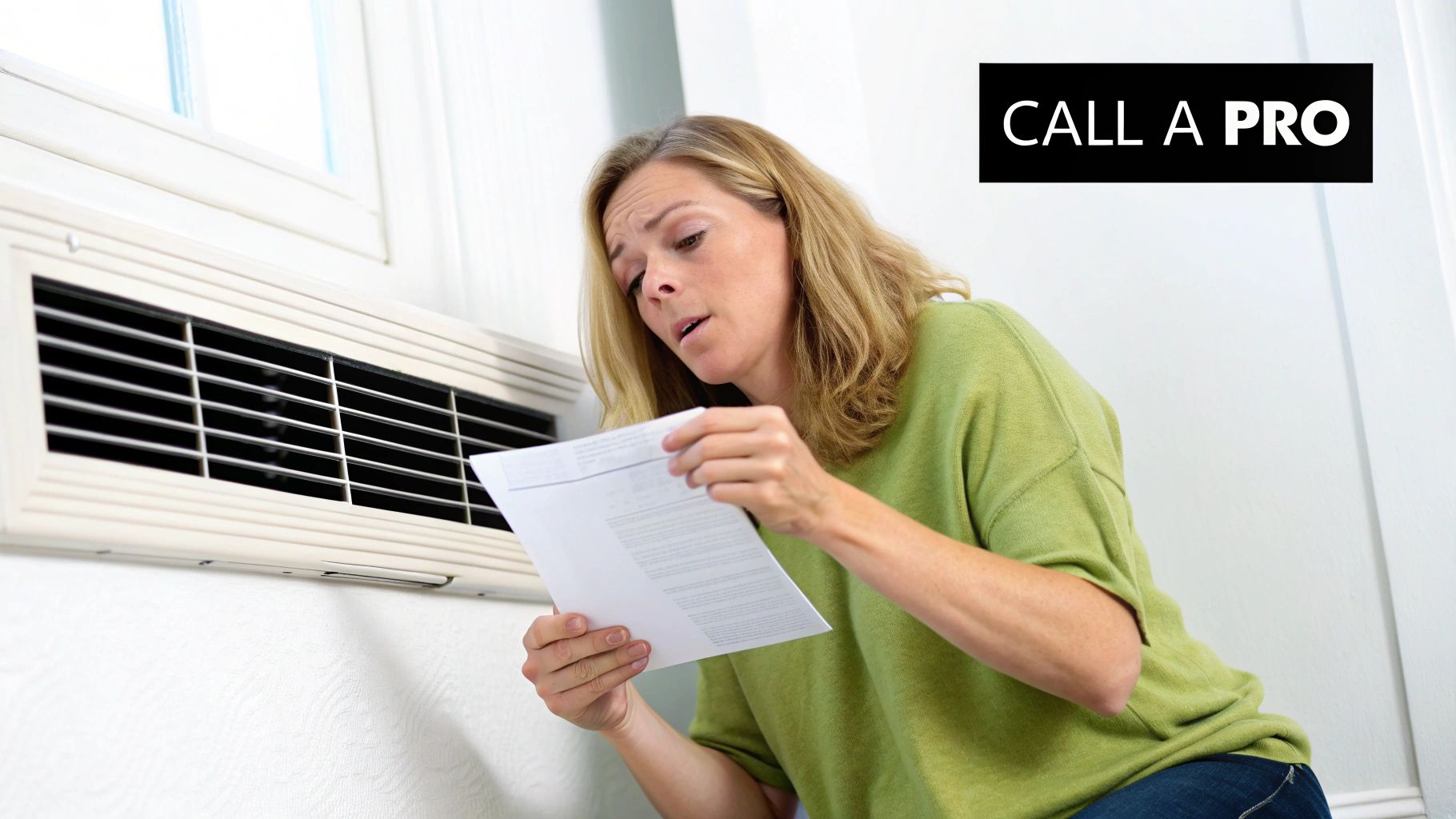 Concerned woman reads a document near an AC vent, with a 'CALL A PRO' overlay, suggesting HVAC repair.