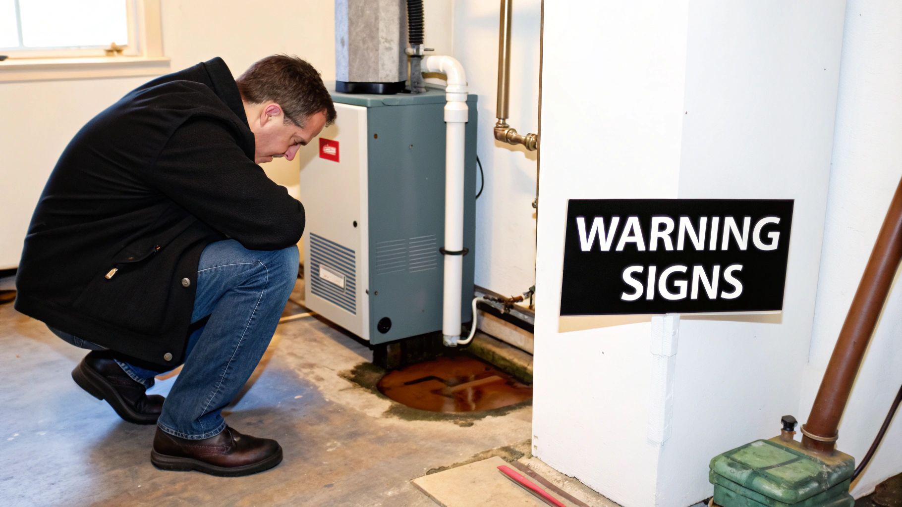 A man inspects a leaking furnace or boiler, with a brown puddle on the floor and a 'WARNING SIGNS' board.