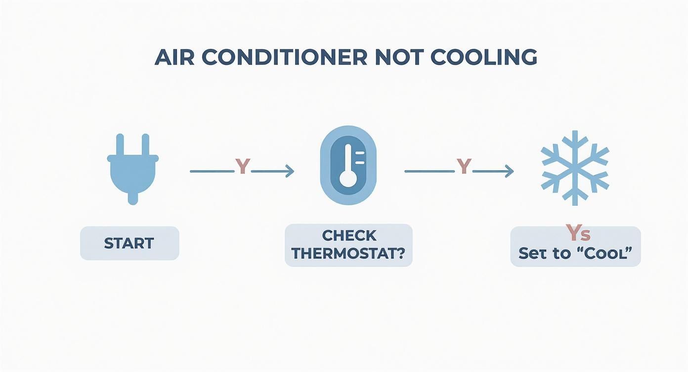 Troubleshooting flowchart showing three steps to fix an air conditioner not cooling properly
