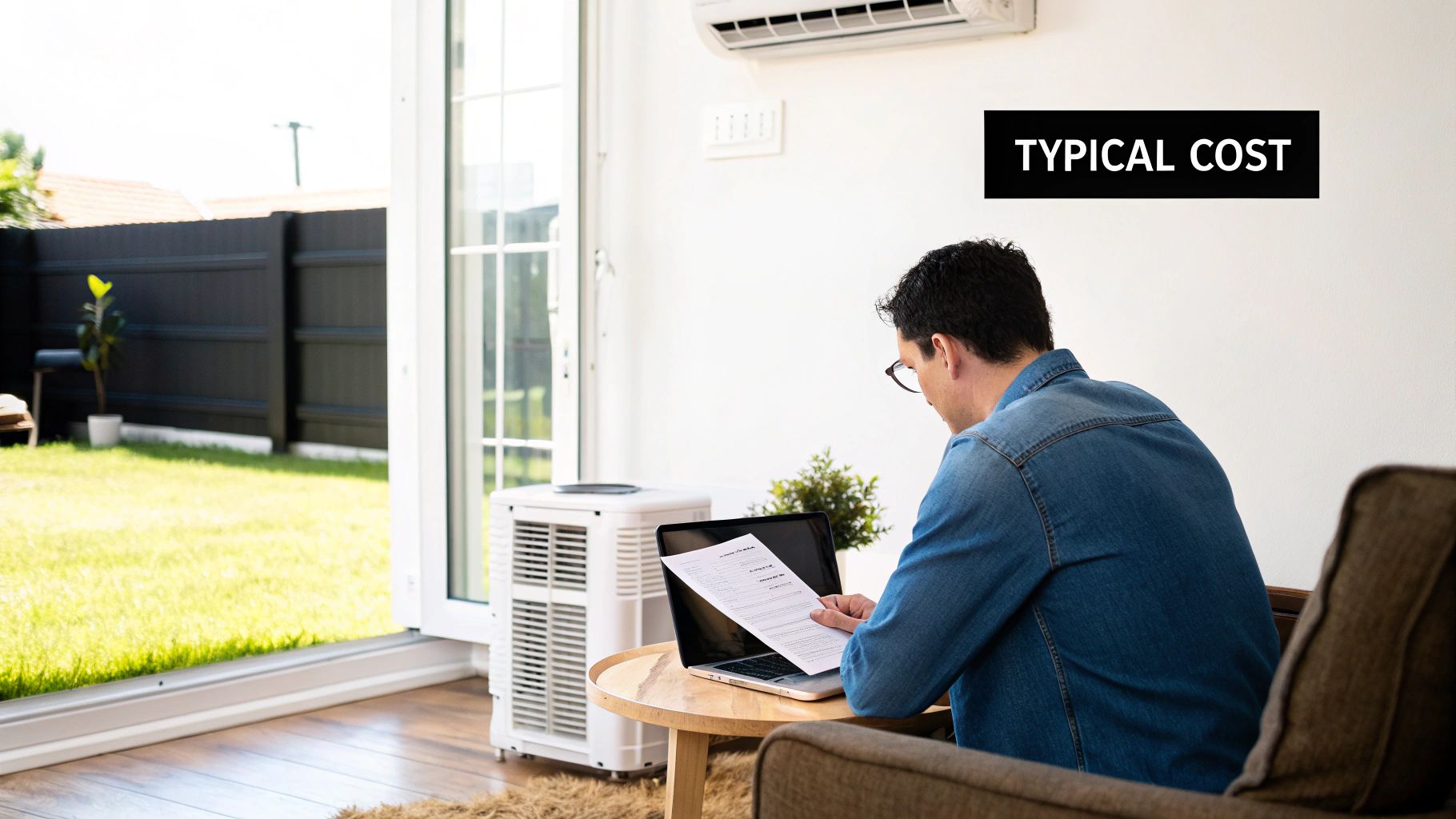 Man reviewing documents on laptop in living room with portable air conditioner and green backyard view.