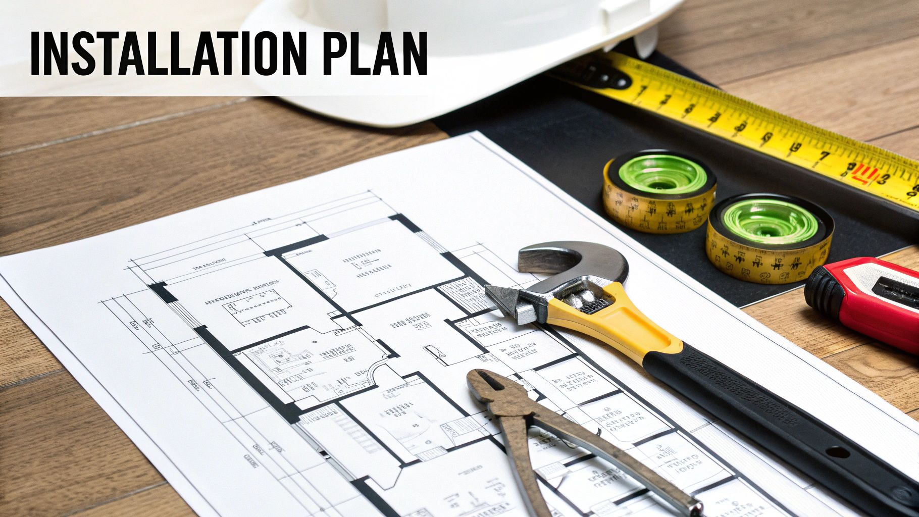 A close-up of an installation plan blueprint with construction tools including a wrench, pliers, and measuring tape.