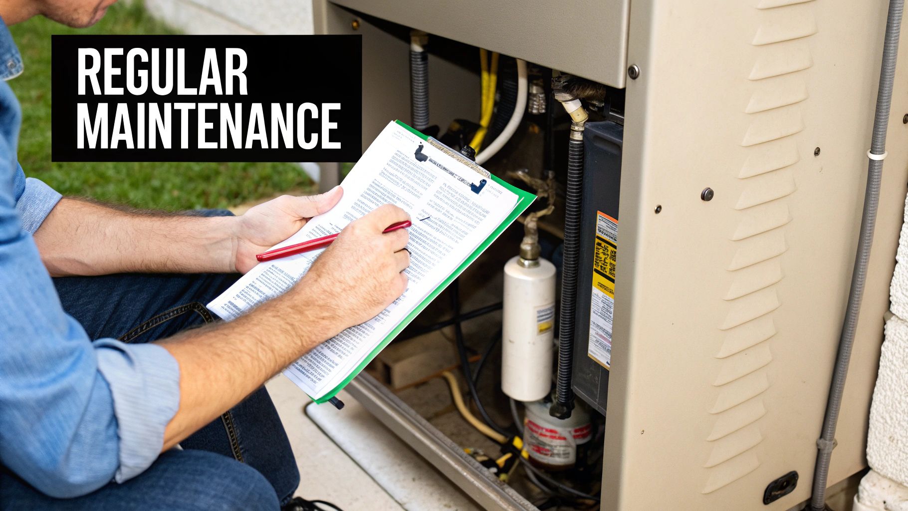 A technician performs regular maintenance on an outdoor HVAC unit, checking a clipboard checklist.