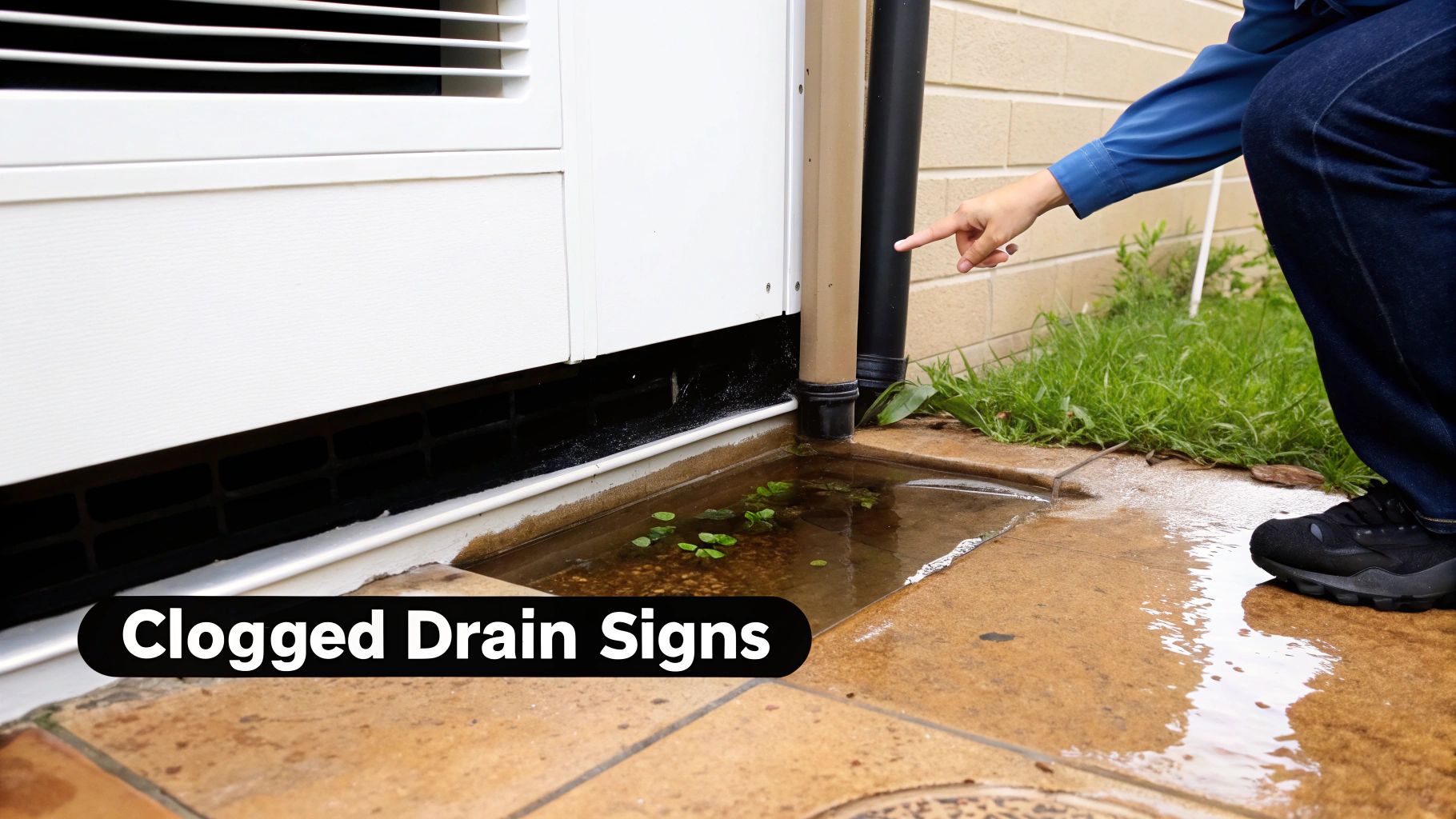 Person points to an overflowing condensate drain, showing signs of a clog with standing water.
