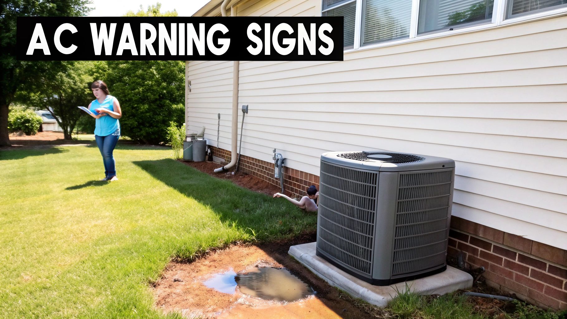 A woman on a lawn, an outdoor AC unit, and a muddy puddle, with 'AC WARNING SIGNS' text.