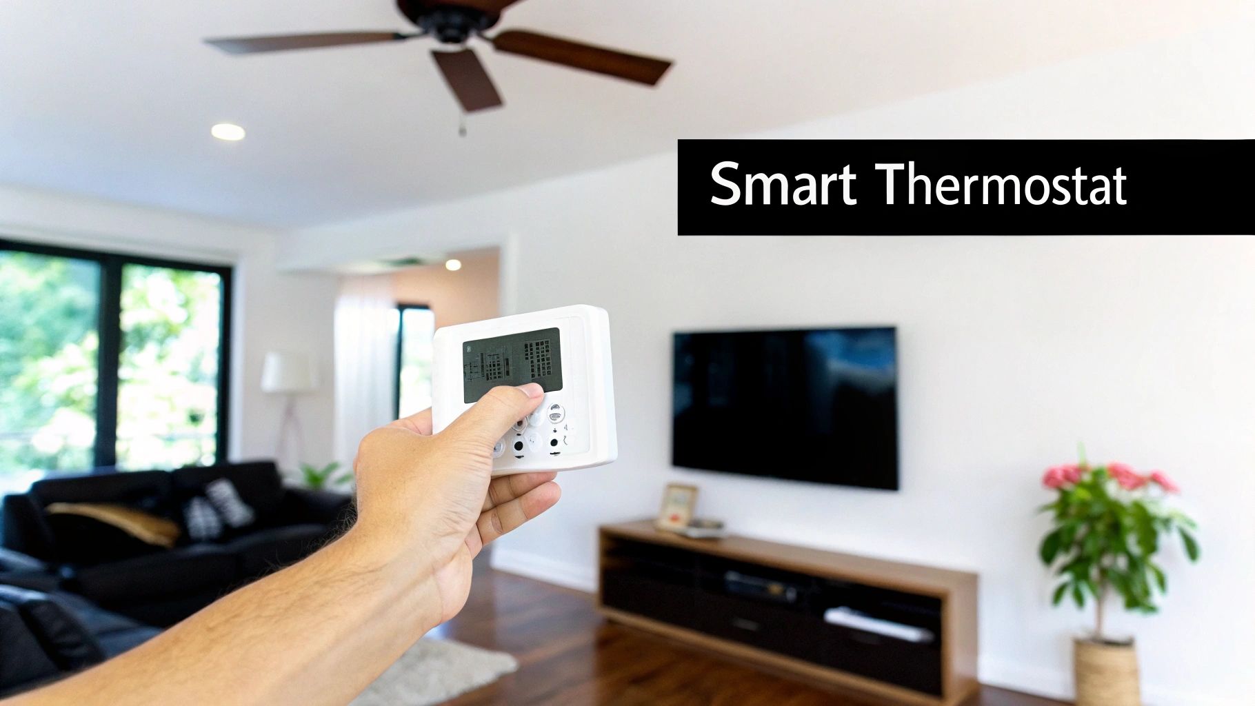 A hand holds a smart thermostat remote control in a modern living room setting.
