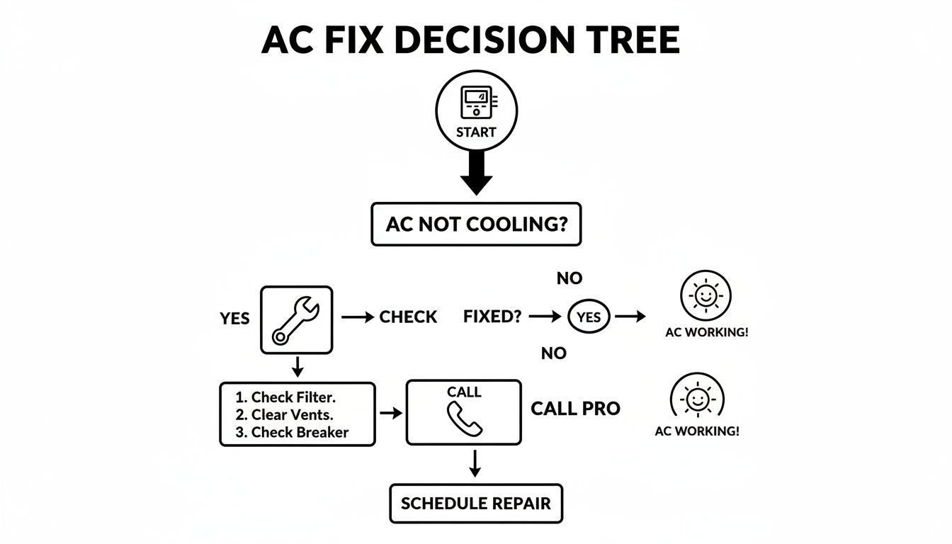 A flowchart showing an AC fix decision tree, guiding users through troubleshooting steps for a non-cooling AC.