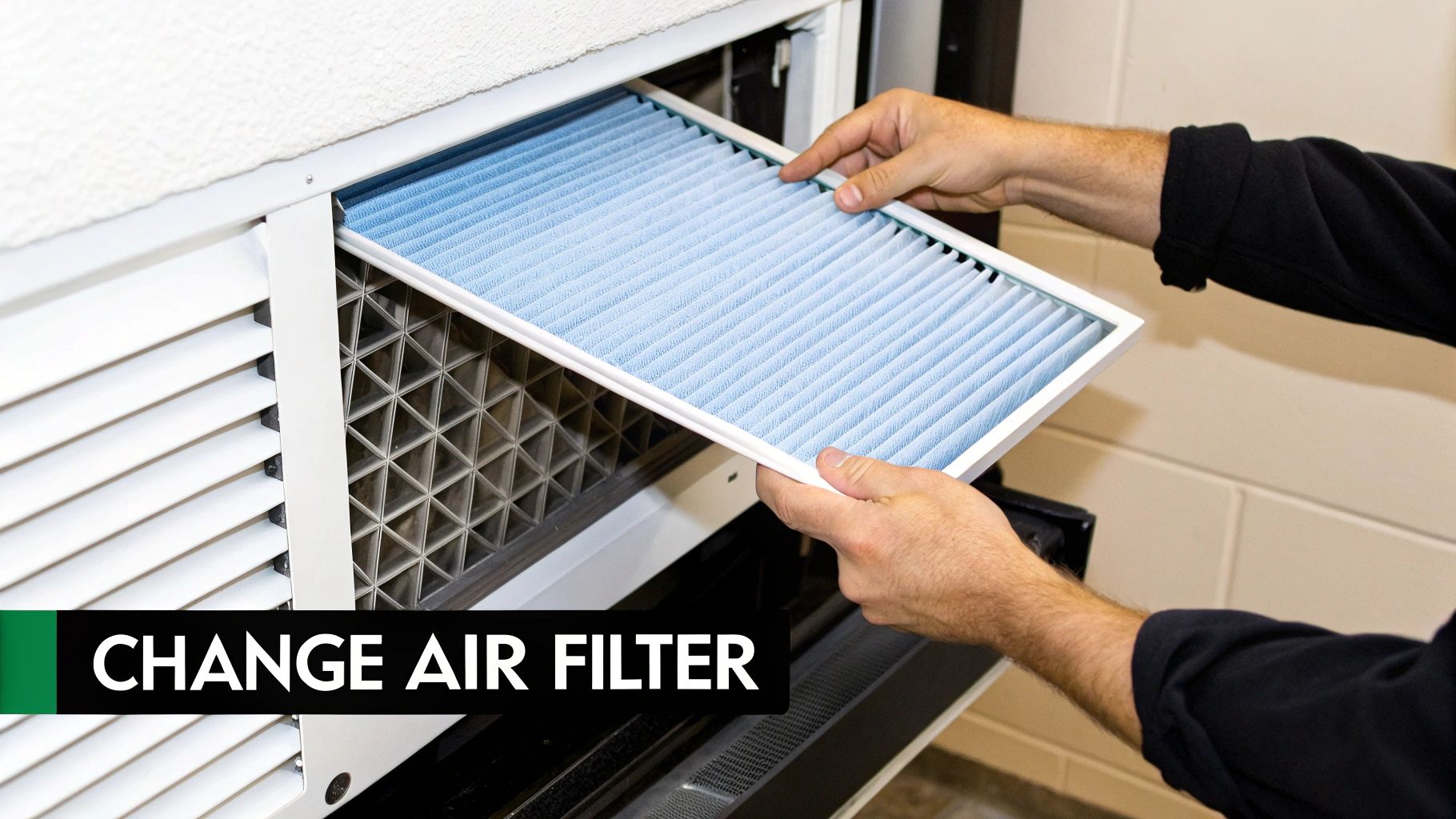 A person&#39;s hands are shown inserting a clean blue air filter into a white HVAC unit.