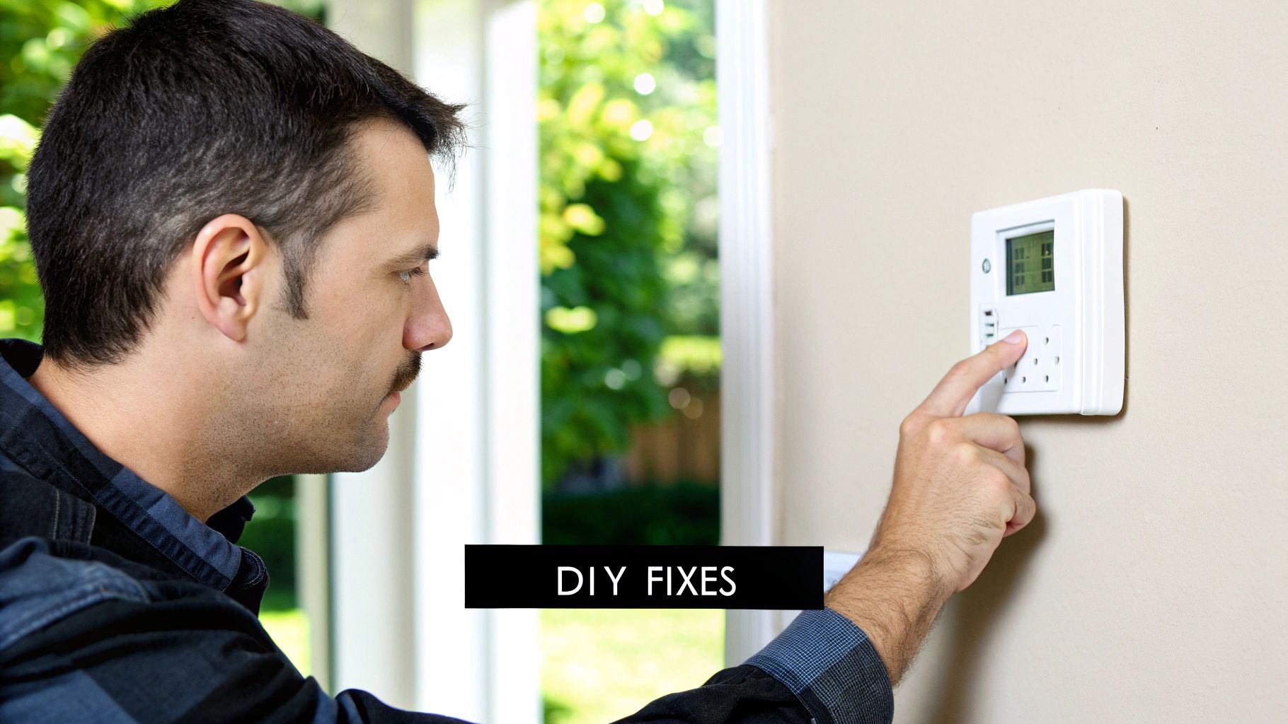 man pushing button on thermostat