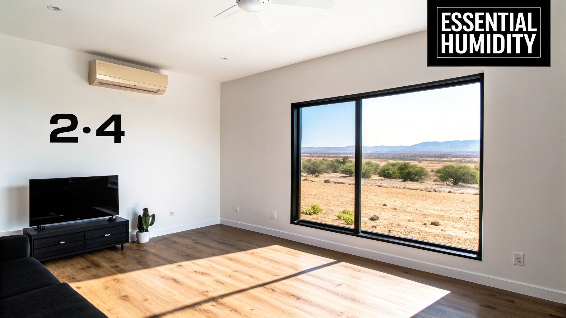 Modern living room with desert views, featuring AC, TV, a cactus, and an "ESSENTIAL HUMIDITY" sign.