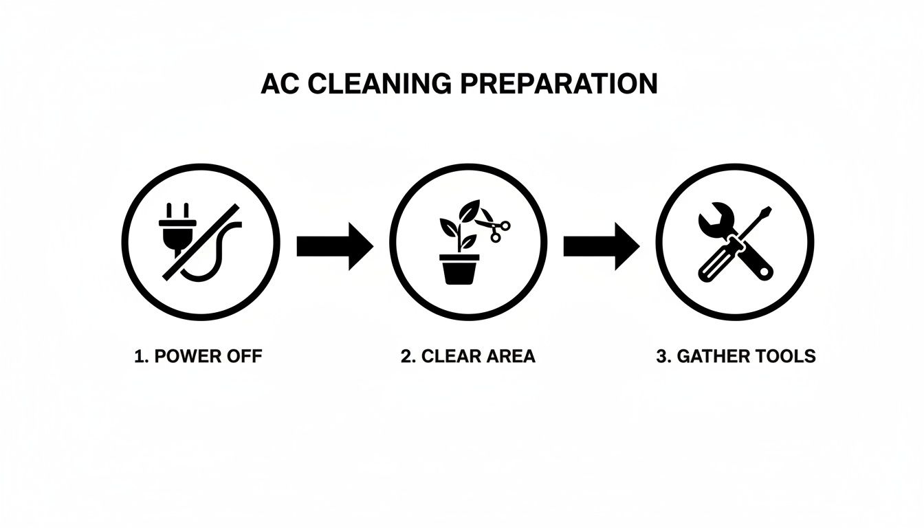 A diagram outlining AC cleaning preparation steps: power off, clear area, and gather tools.