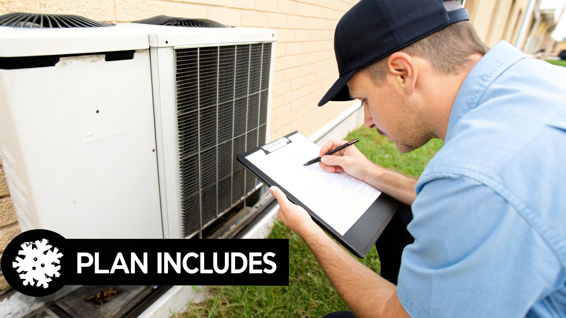 A technician inspects an outdoor HVAC unit, writing notes on a clipboard during a maintenance check.