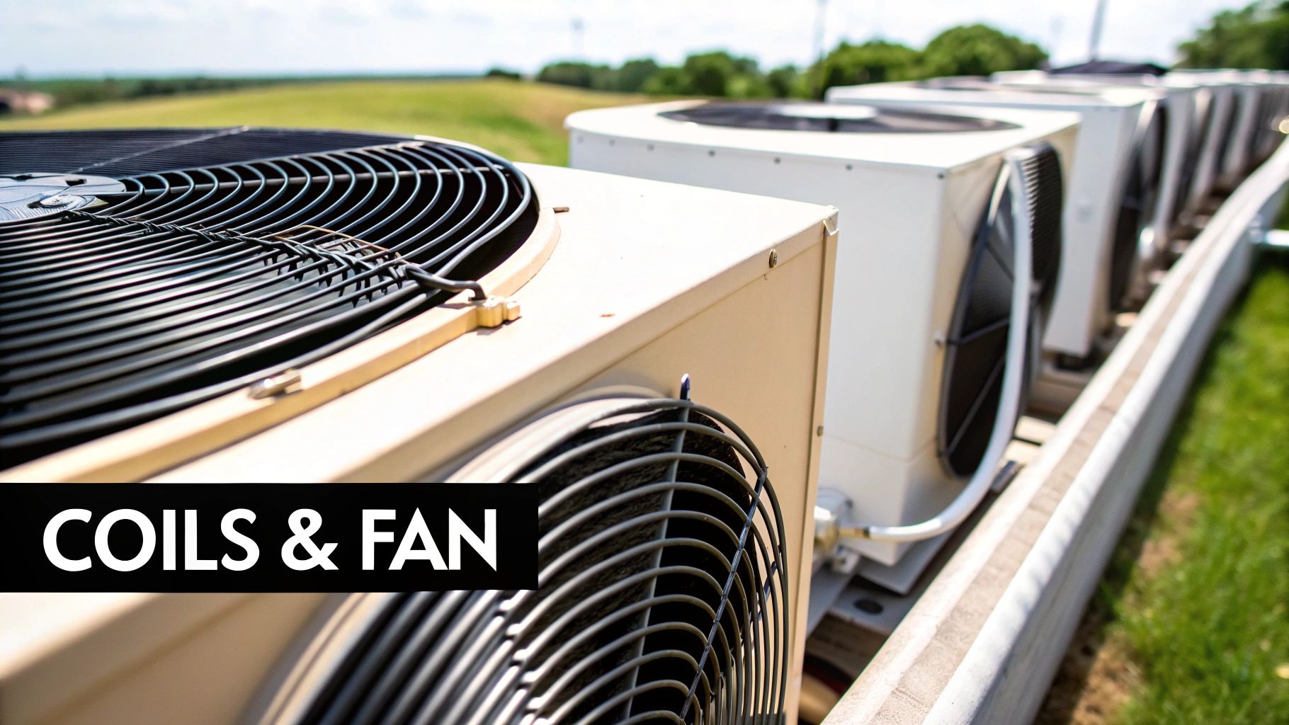 Multiple outdoor air conditioner condenser units with visible fans and coils lined up outside.