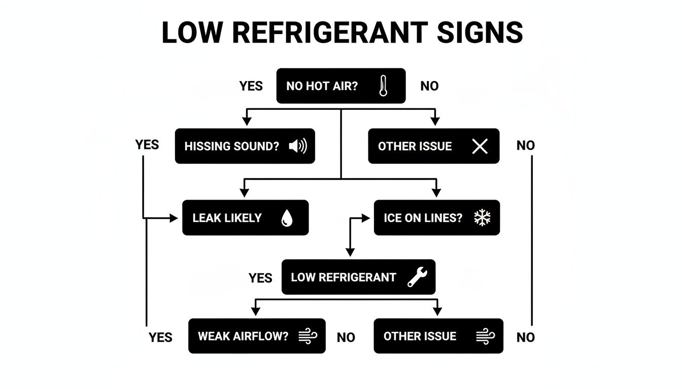 Flowchart illustrating common low refrigerant signs and troubleshooting steps for AC and heat pump systems.