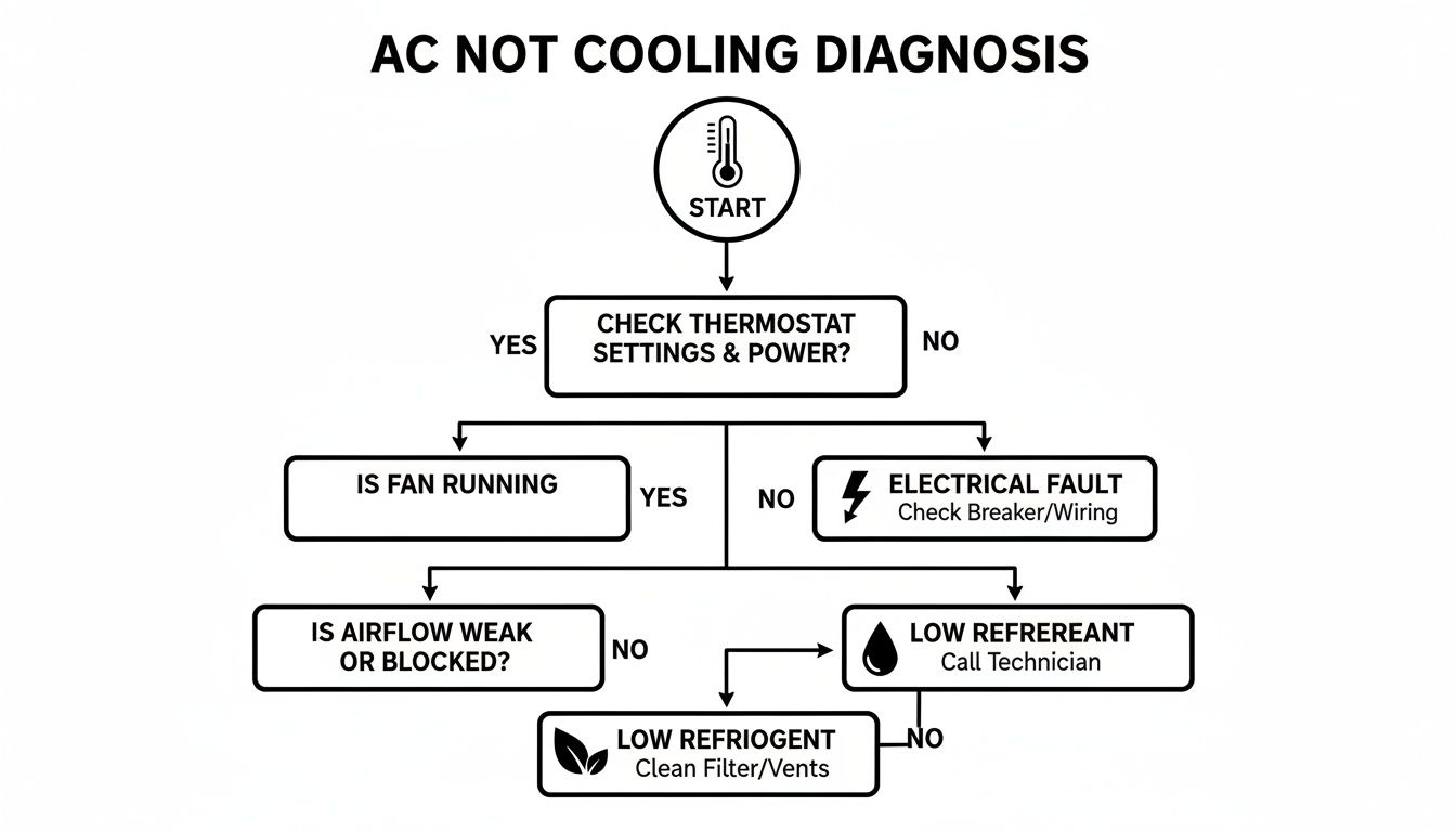 Flowchart for AC not cooling diagnosis, covering thermostat settings, fan, airflow, and refrigerant issues.