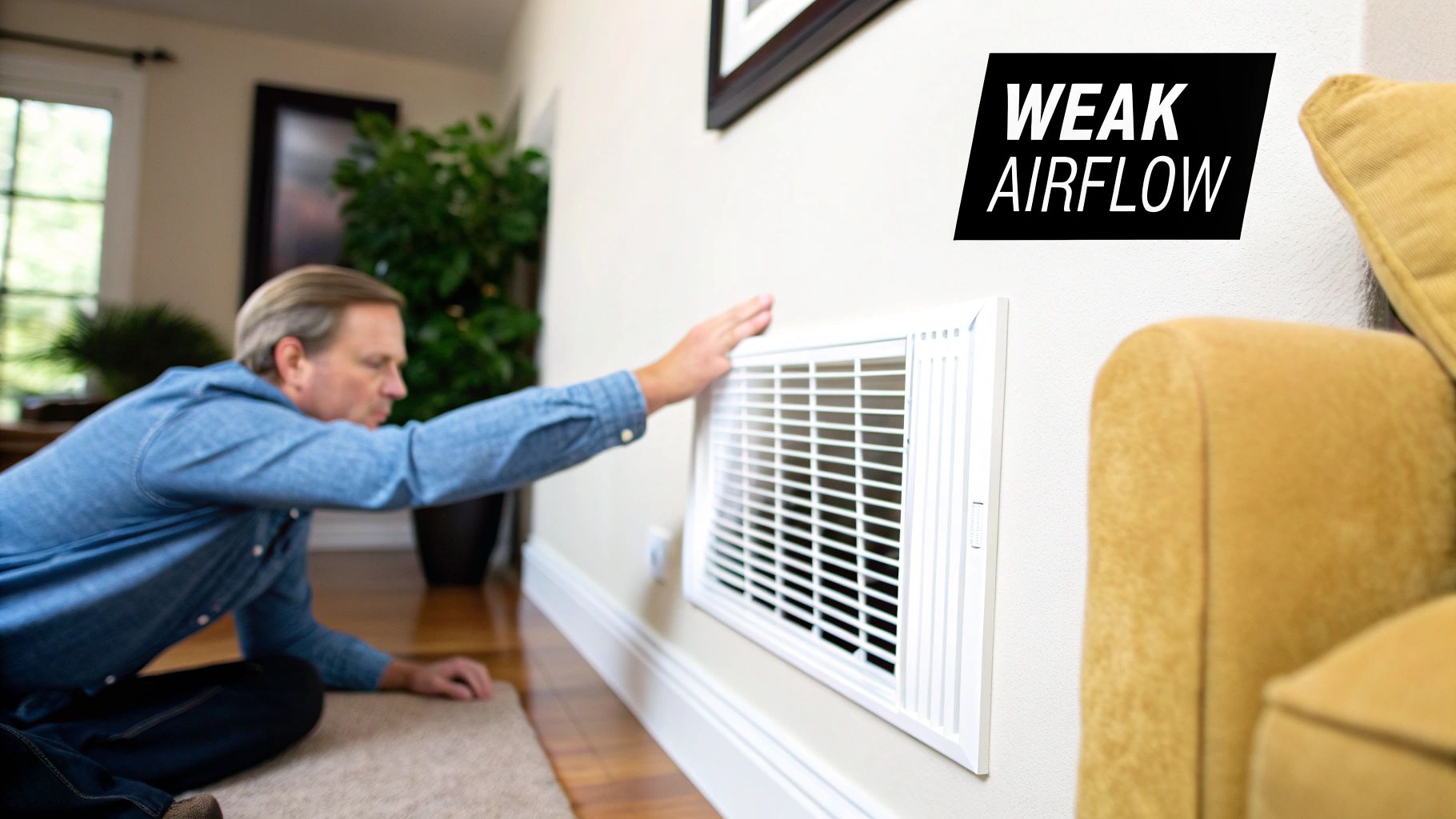 Man feels an air vent on a wall, checking for weak airflow in his home.