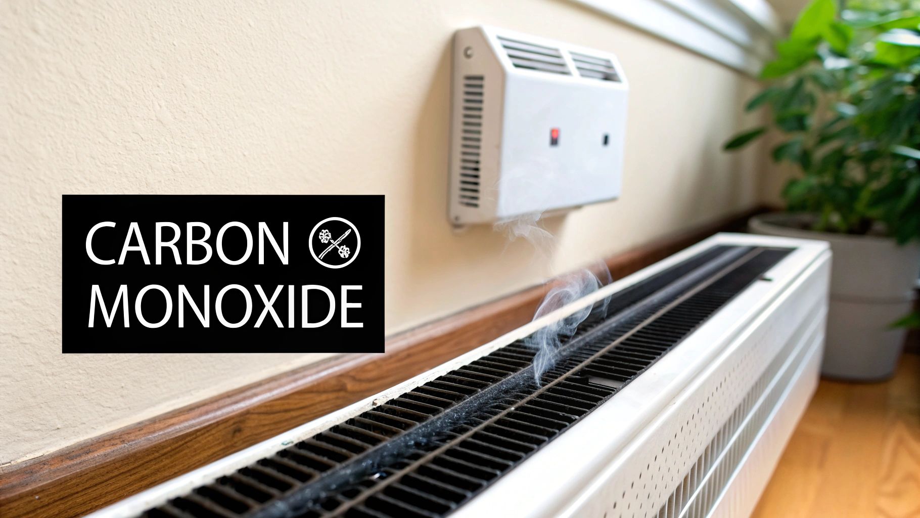 A carbon monoxide warning sign next to a smoking baseboard heater and a wall-mounted unit.