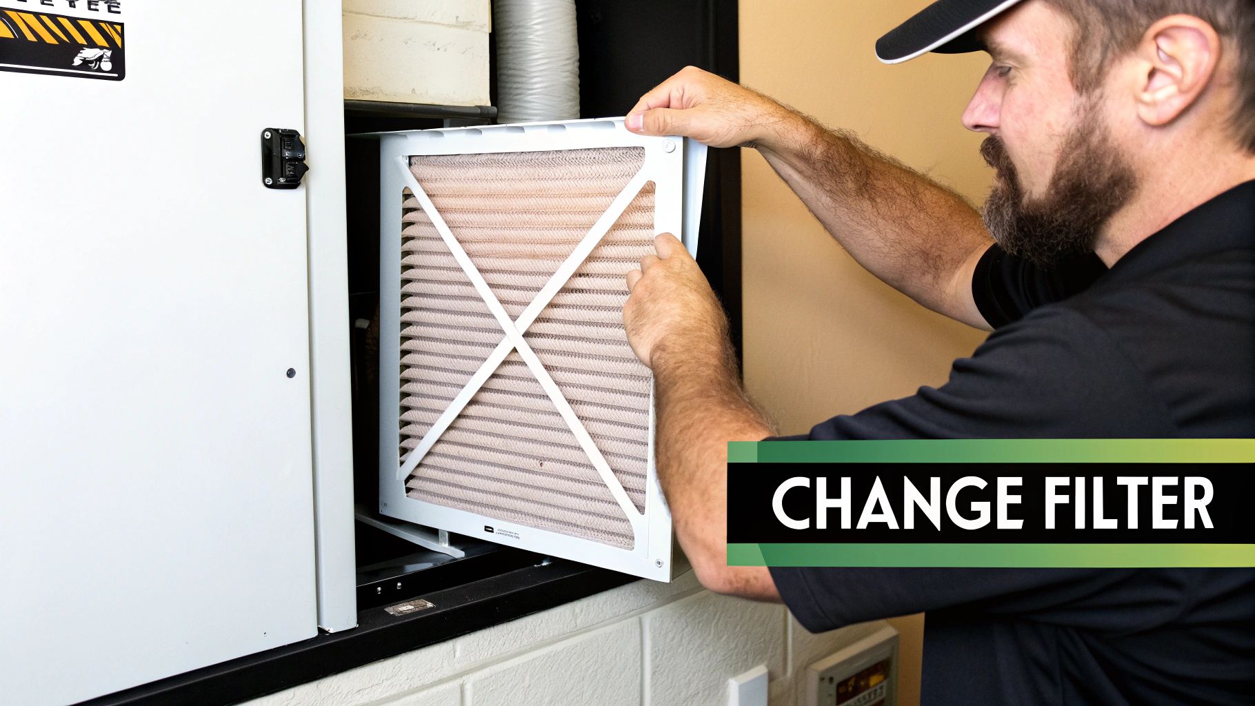 Close-up of a man changing a dirty HVAC filter in a white furnace unit.