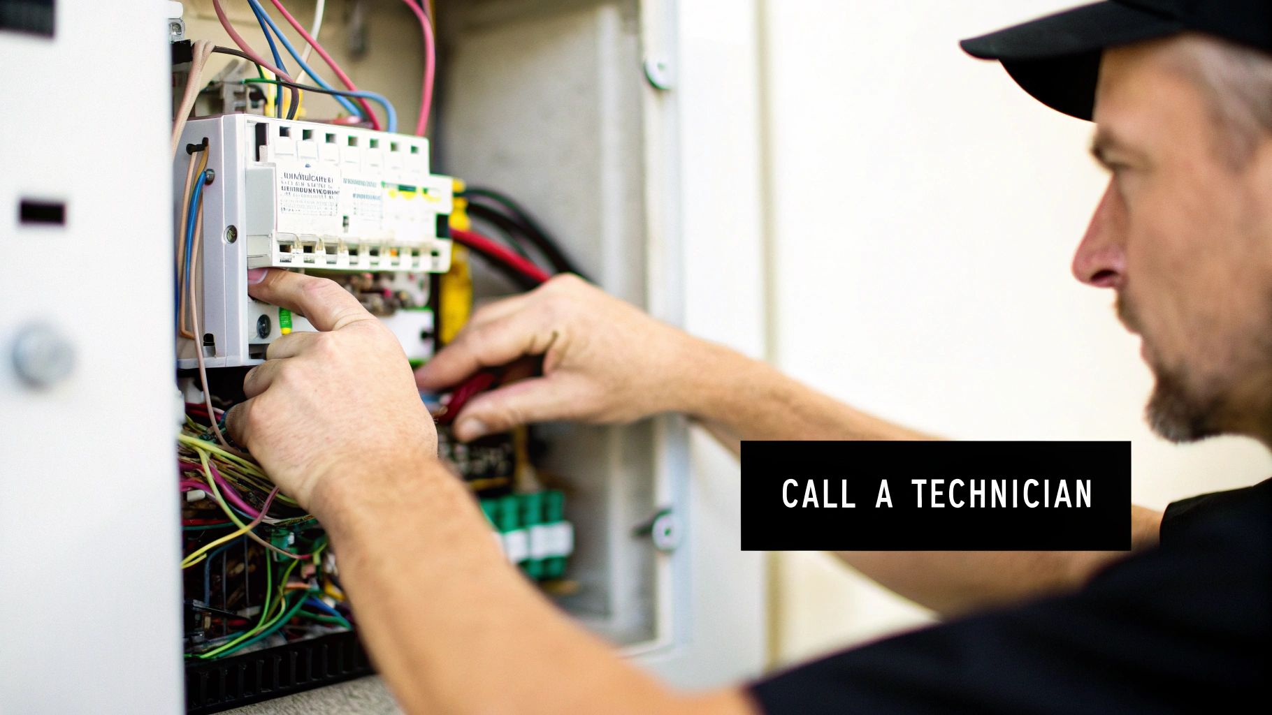 A male technician wearing a cap is focused on adjusting electrical wiring and circuit breakers in a complex panel.