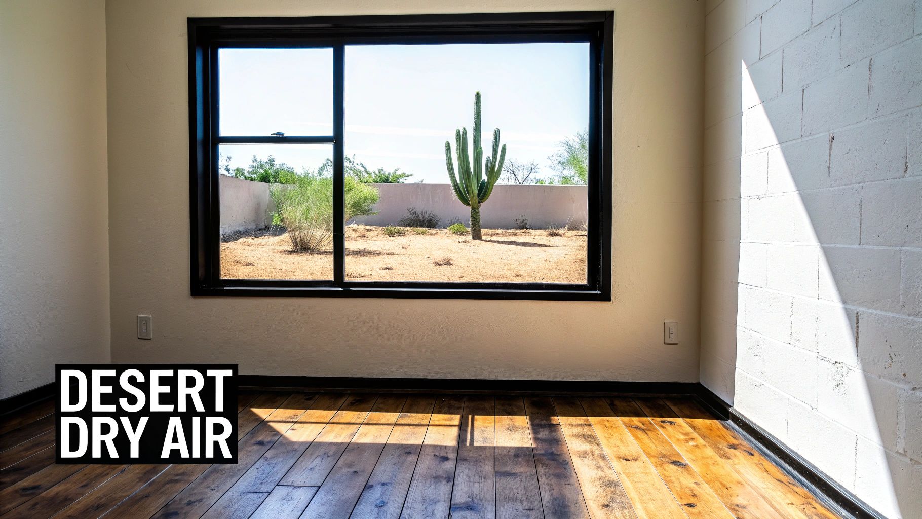 A room with a window overlooking a desert landscape featuring a large saguaro cactus and dry plants.