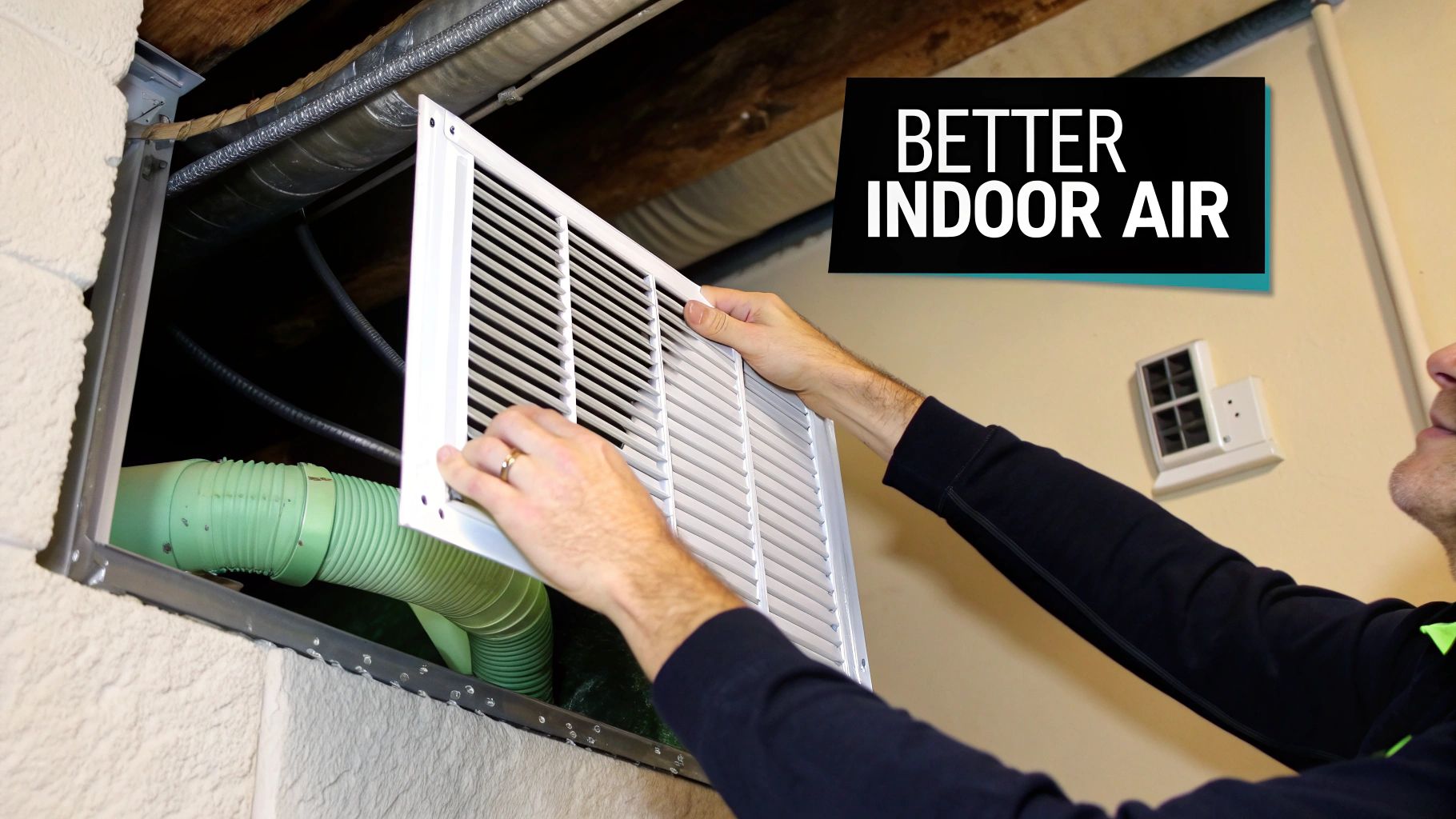 Hands installing a white air vent cover, revealing green ductwork for better indoor air quality.