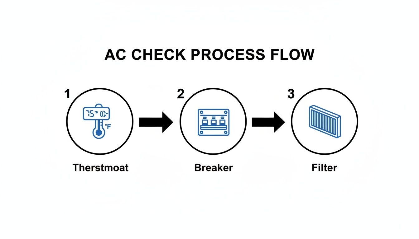 Flowchart showing three steps for an AC check process: thermostat, breaker, and filter.