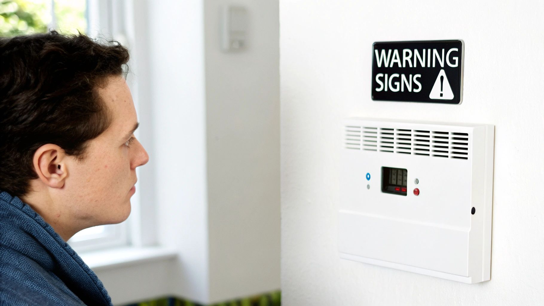 A young man carefully examines a 'WARNING SIGNS' display above a wall-mounted control unit.
