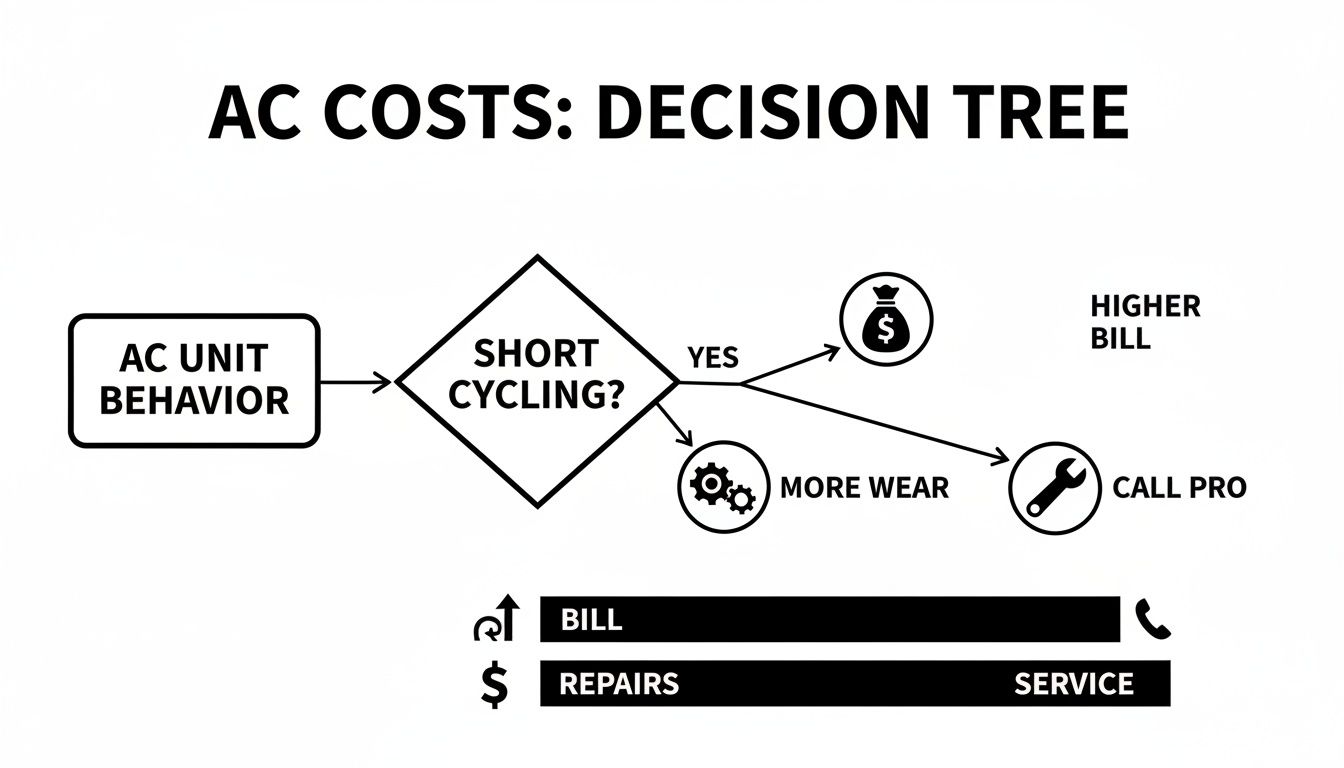 Decision tree illustrating AC unit short cycling consequences: higher bills, more wear, and calling a professional.