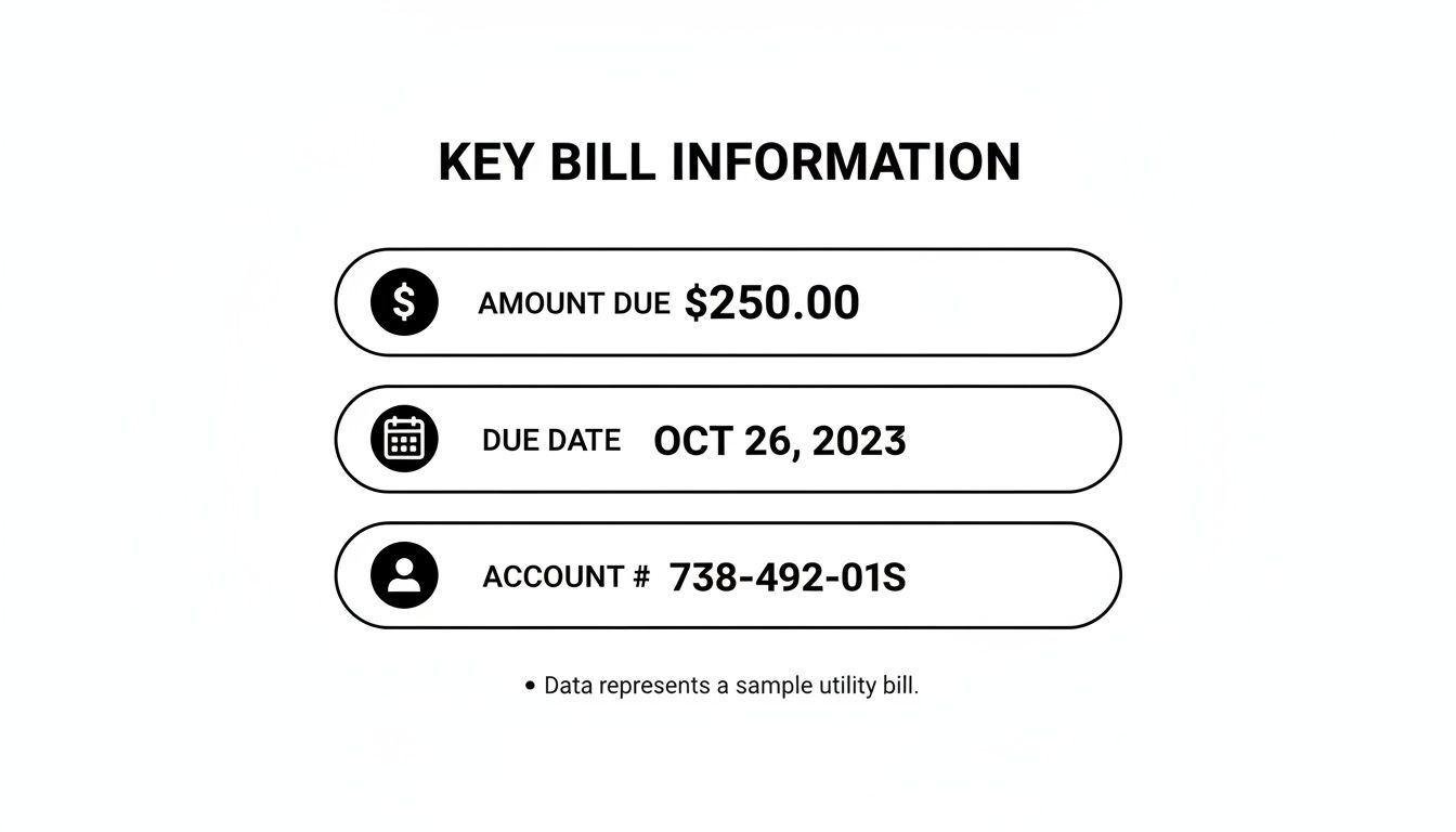 Key bill information displaying amount due $250.00, due date October 26, 2023, and account number.