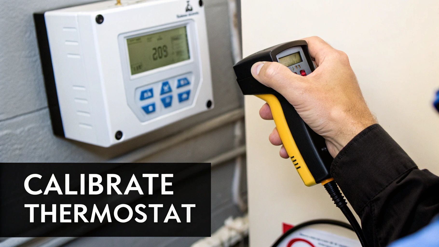A person uses an infrared thermometer to calibrate a digital thermostat on a wall.