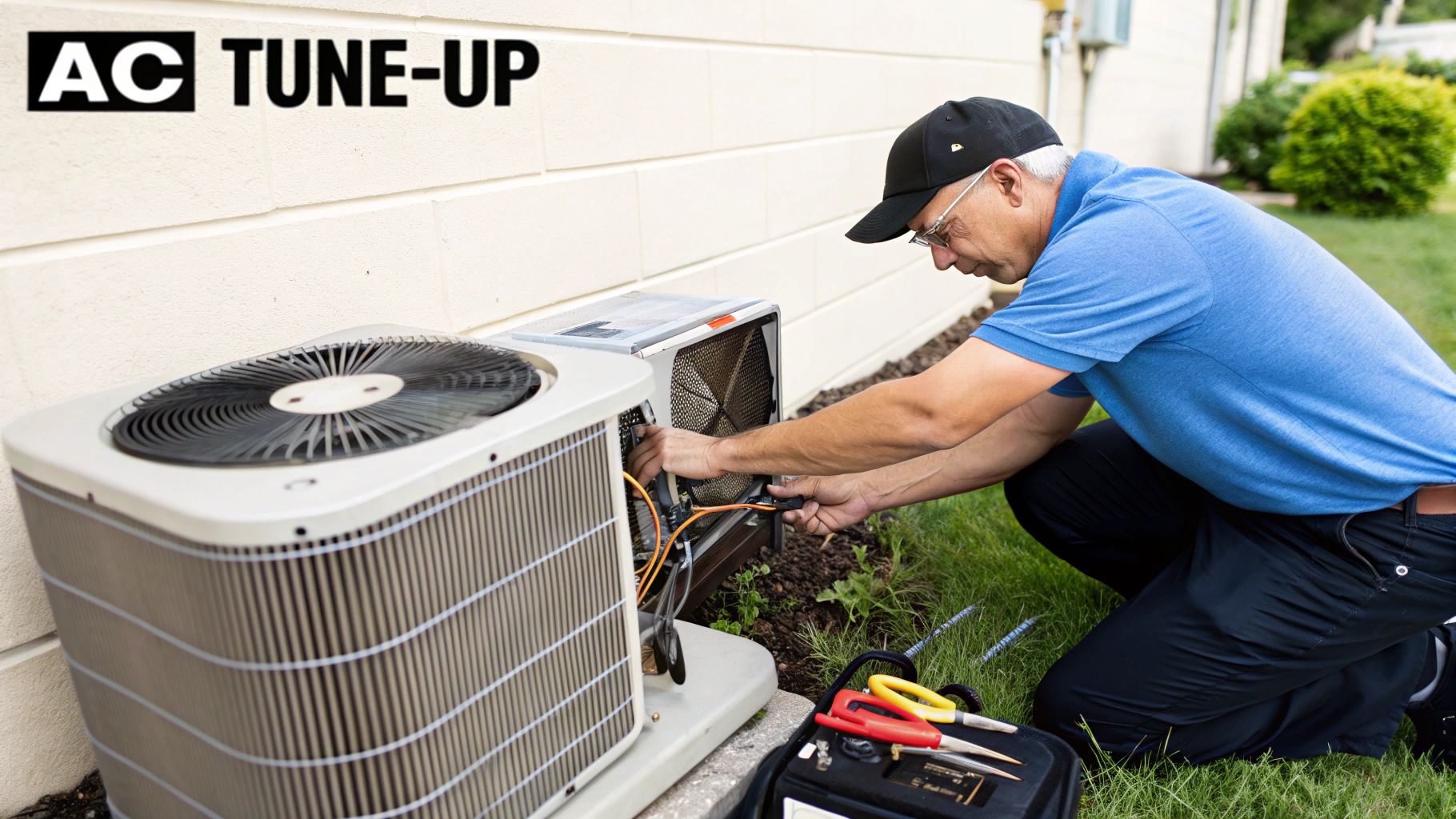 A technician wearing a blue shirt and cap performs a tune-up on an outdoor AC unit.
