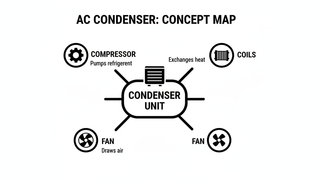 Concept map illustrating the components and functions of an AC condenser unit.