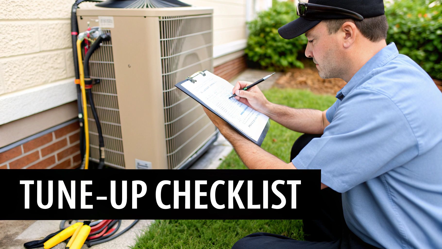 HVAC technician writing on a clipboard next to an outdoor air conditioner unit for a tune-up.