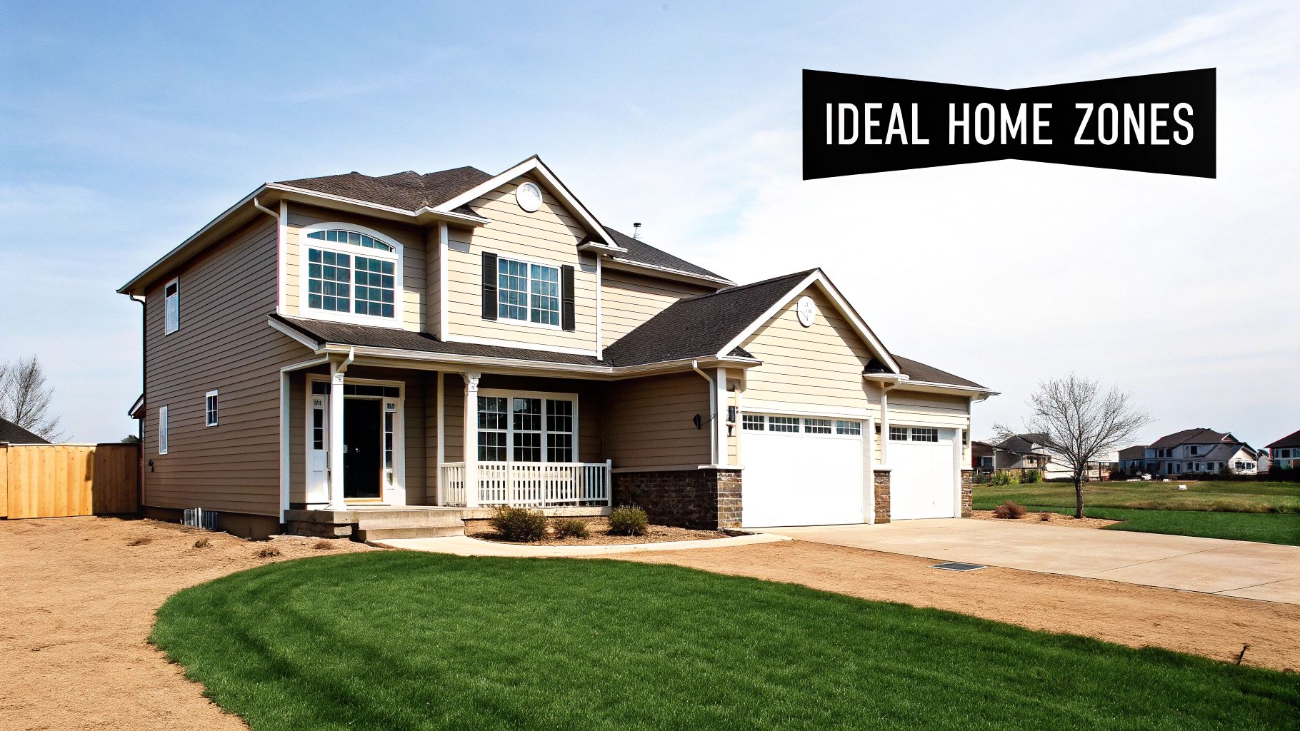 A modern two-story house with beige siding, white trim, a front porch, and two garage doors, with a partial green lawn.