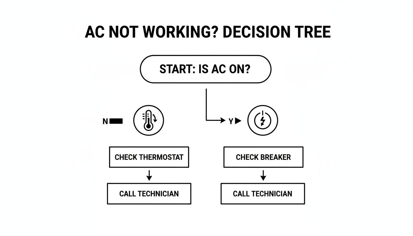 A decision tree flowchart for troubleshooting a non-working AC unit, guiding users to check thermostat or breaker.