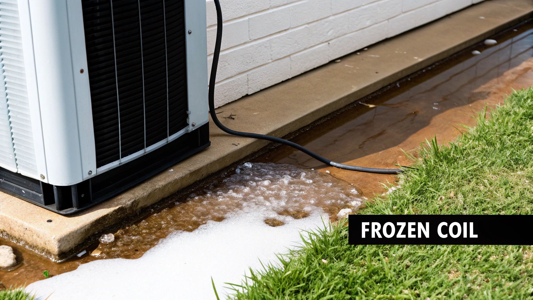 An outdoor air conditioning unit with a frozen coil, showing ice and water on the concrete pad.