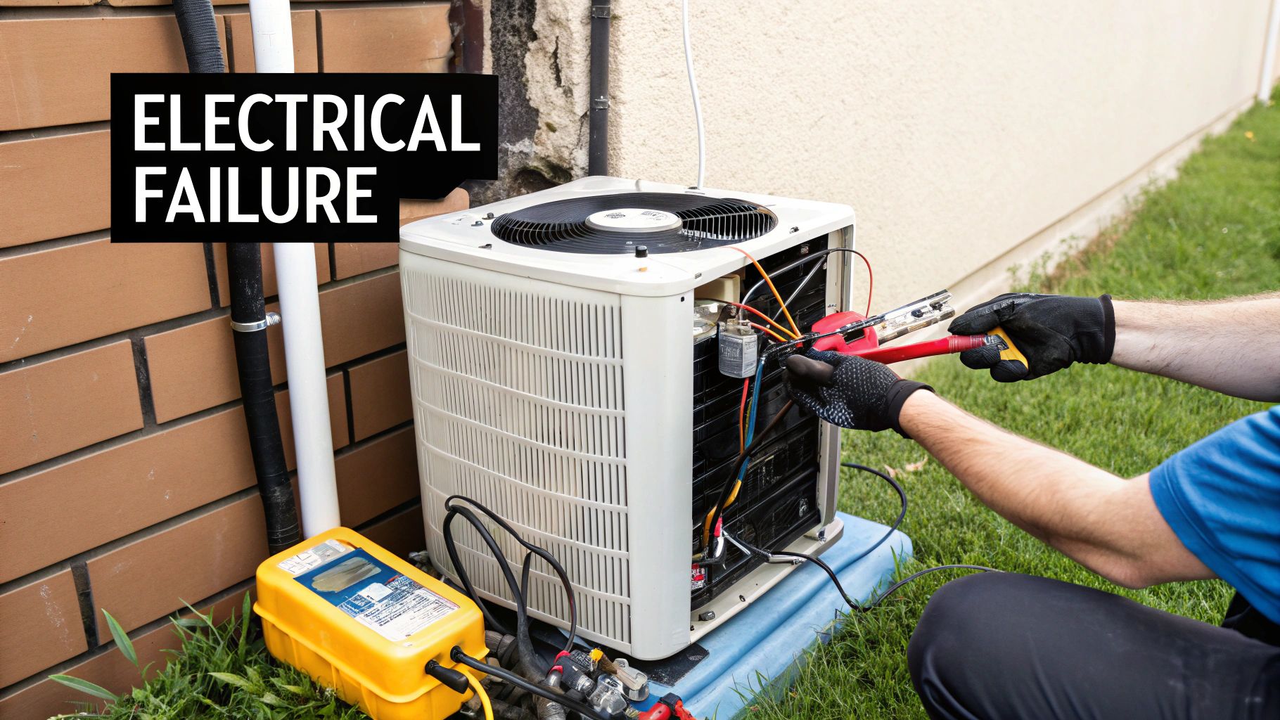 An HVAC technician's hands pointing at the capacitor inside an outdoor AC unit.