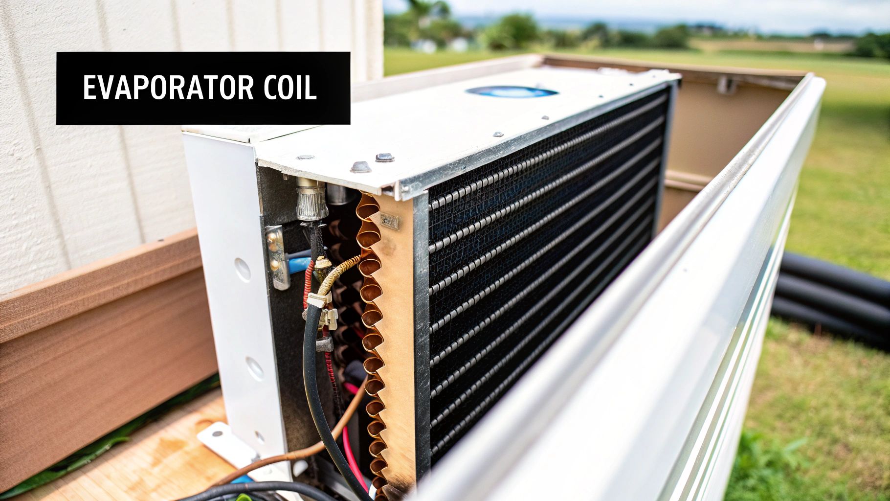 Close-up of an evaporator coil, a key component of a central air conditioner unit, outdoors.