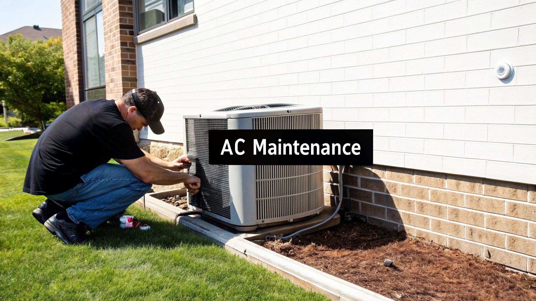 HVAC technician performing maintenance on outdoor central air conditioning unit beside residential building
