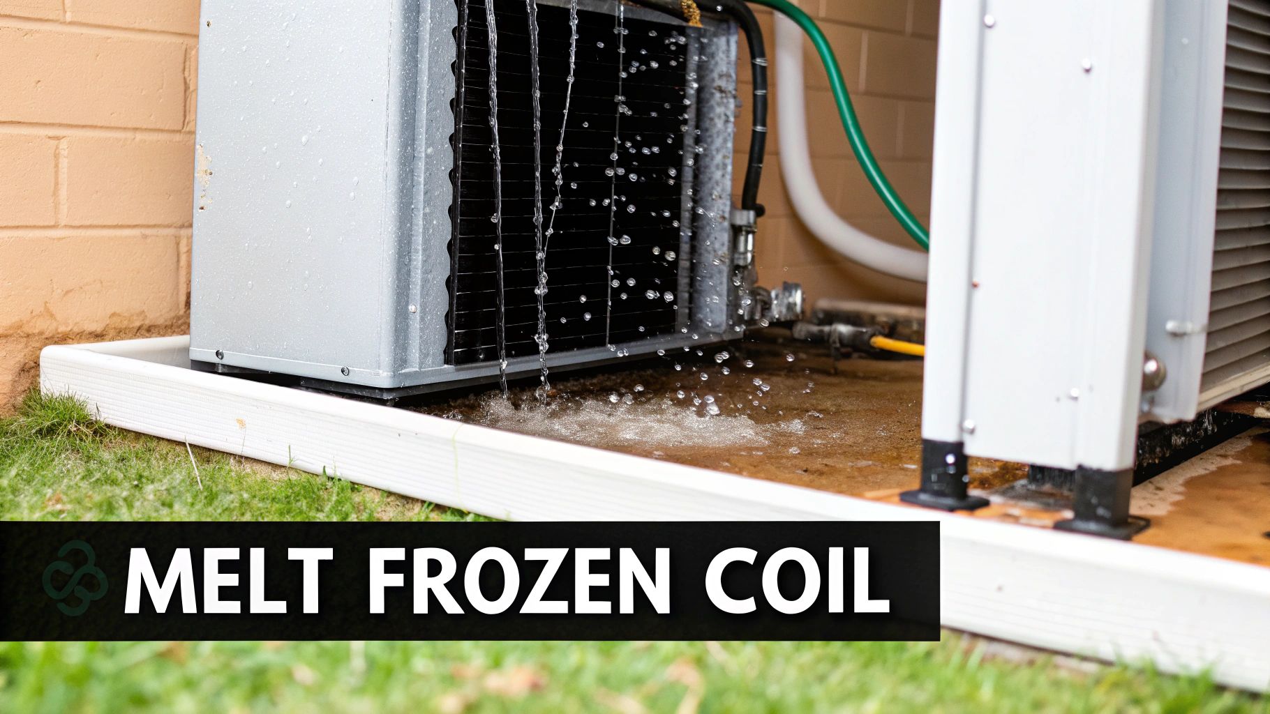 Water drips from an outdoor air conditioning unit, indicating a melting frozen coil problem.